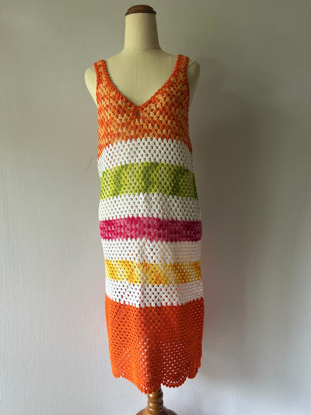 Handmade Cotton Crochet Colour Block Dress – Size S/M | Made by Mum