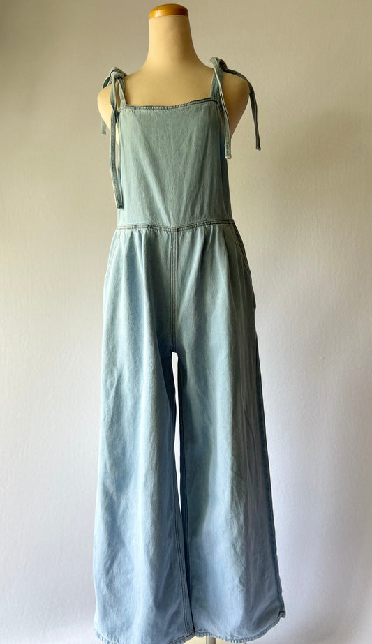 Light Wash Wide-Leg Denim Jumpsuit with Tie Straps