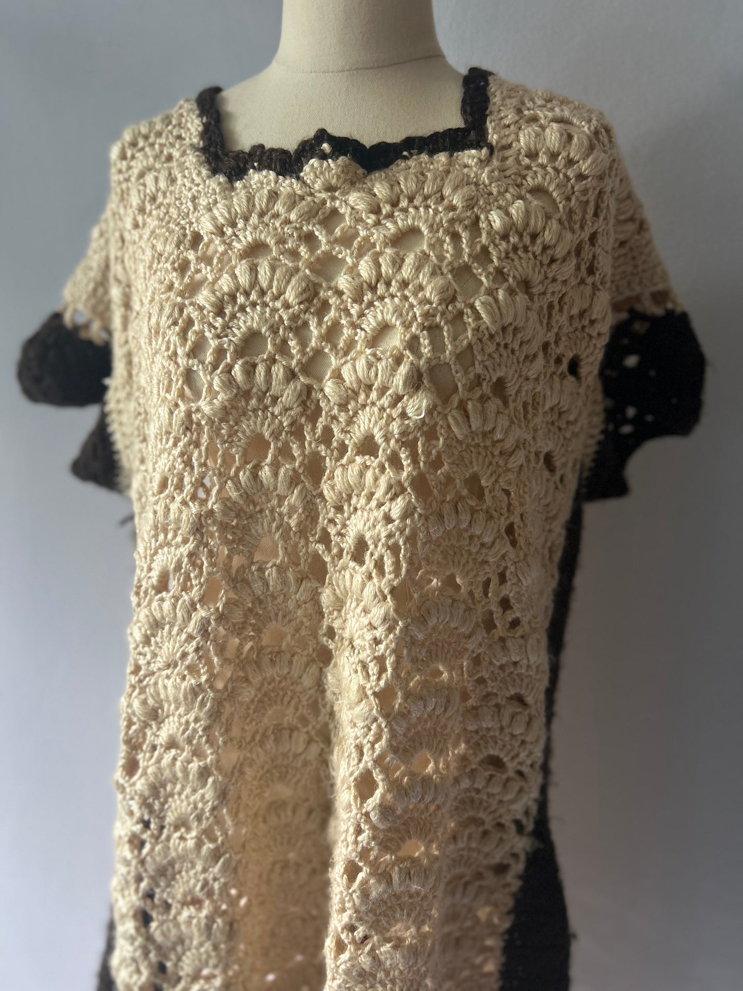 Artisanal Color-Block Crochet Fringed Poncho Tunic - One Size