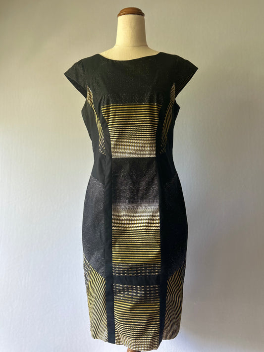 Geometric Jacquard Sheath Dress - Black & Gold Sparkle