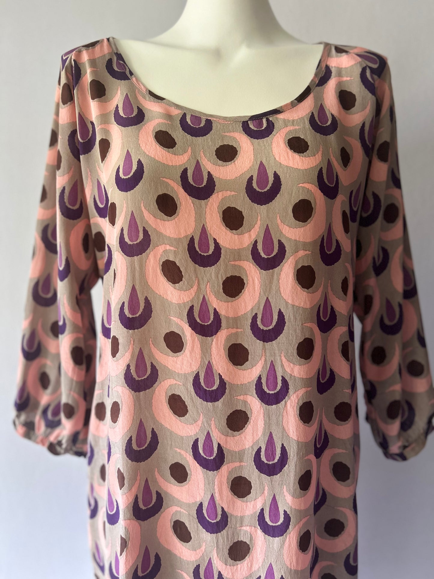 Juliette Hogan 100% Silk Geometric Print Tunic Dress - Size 12