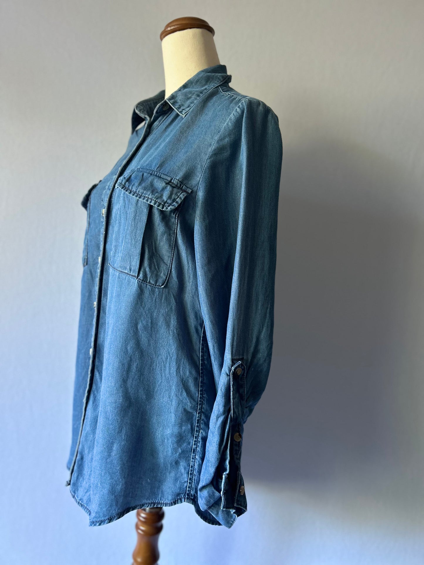 Lyocell Denim-Look Long Sleeve Button-Down Shirt - Size M