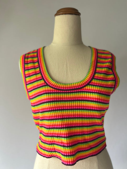 Rainbow Neon Striped Ribbed Knit Crop Top - Festival Ready