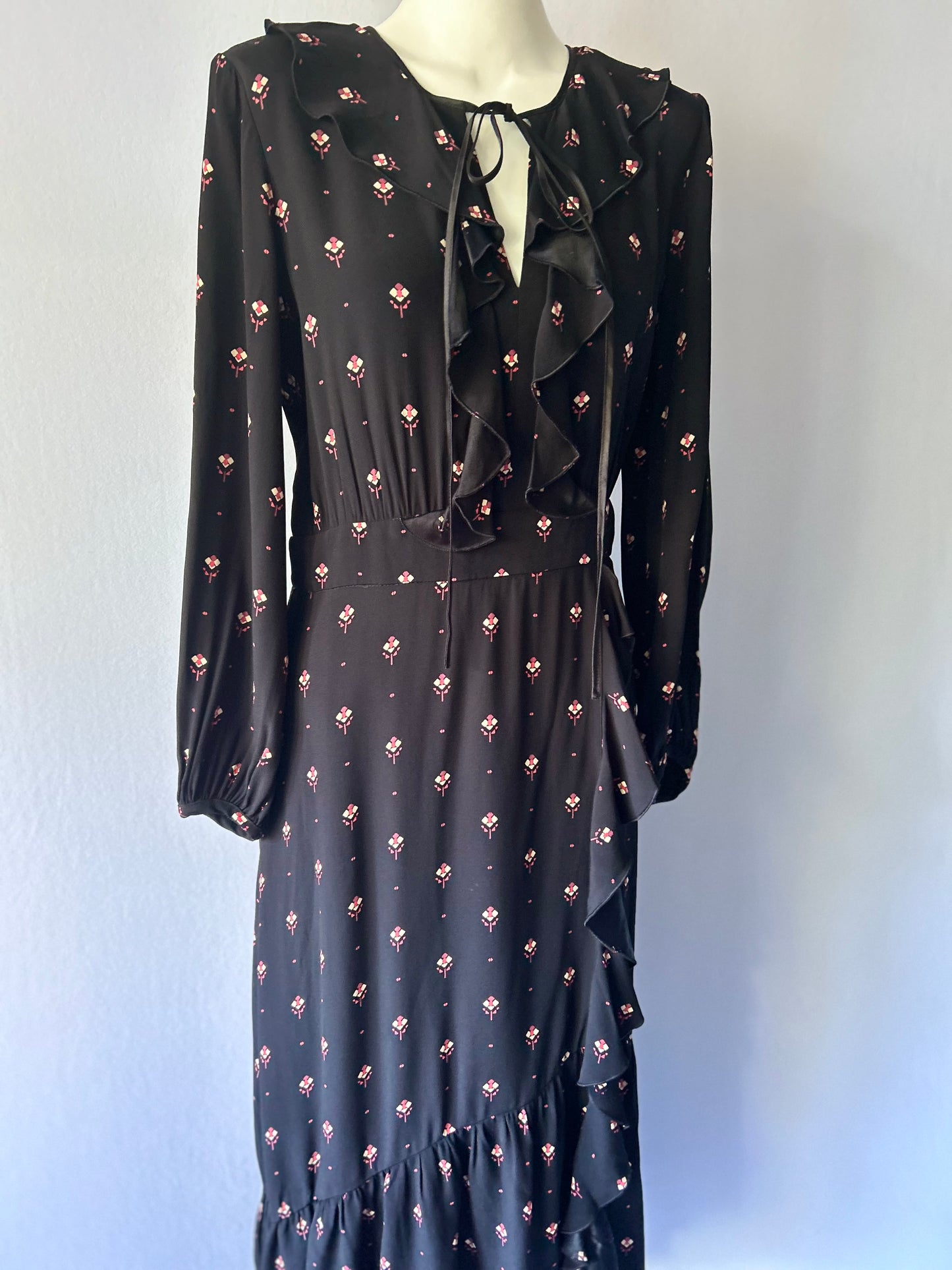 Cue Black Floral Ruffle Midi Dress - Size 10