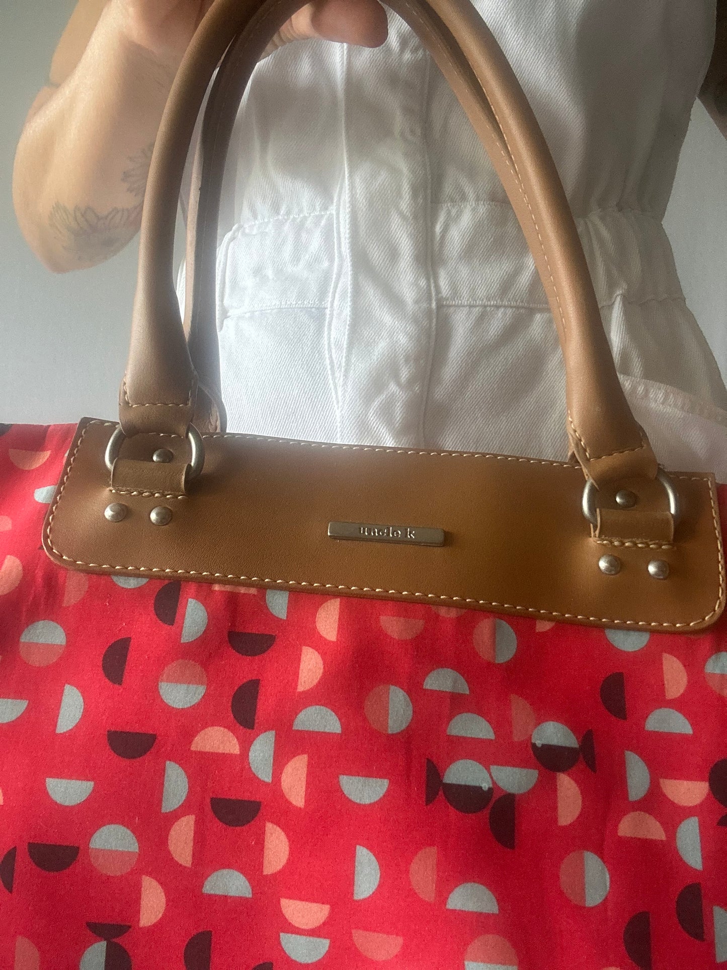 Practical Red Patterned Tote Bag with Tan Handles
