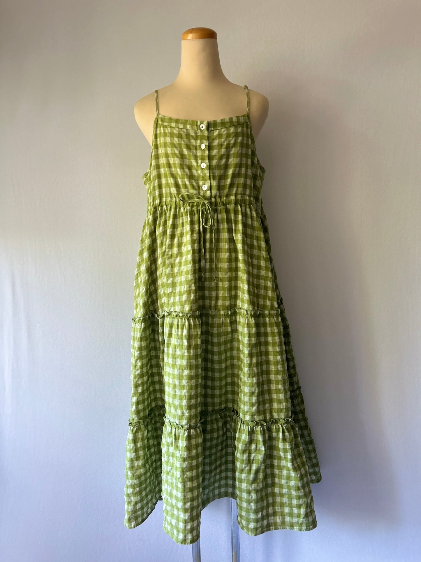 Sage Green Gingham Tiered Linen-Blend Maxi Dress - Size L