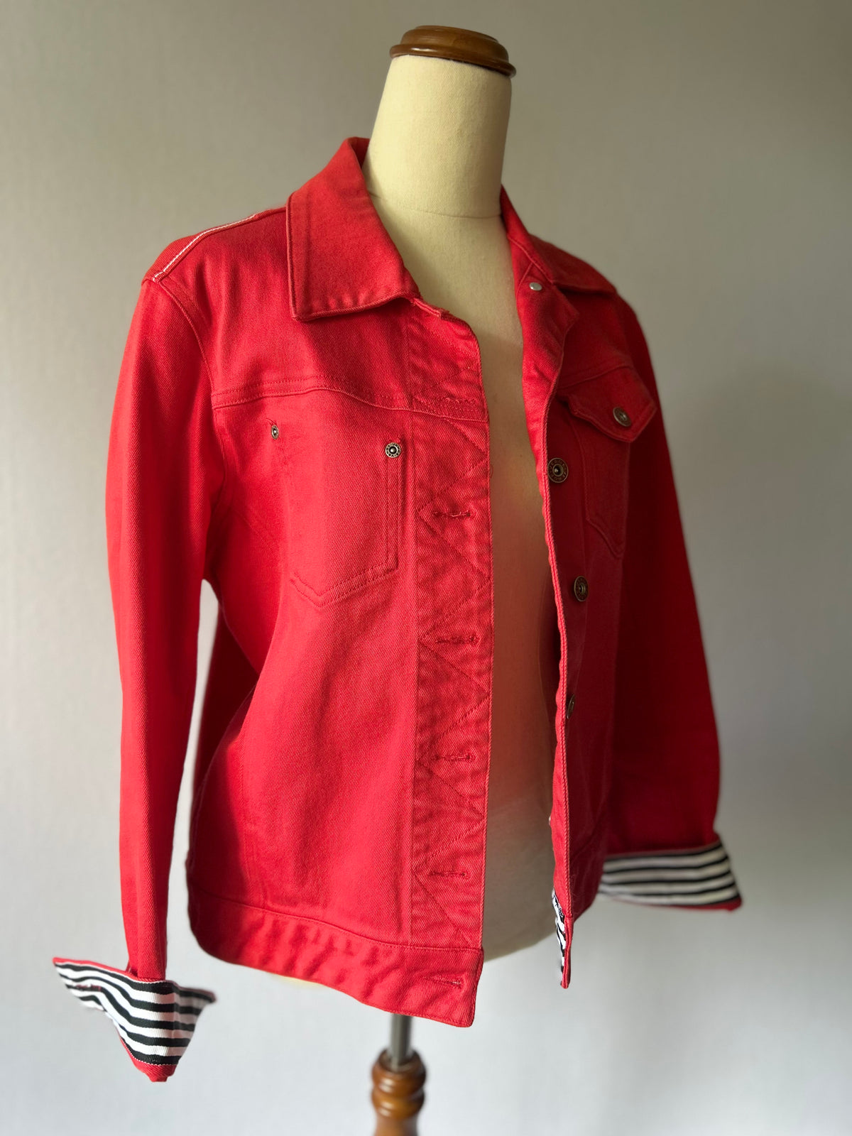 Verge Red Stretch Cotton Denim Style Jacket with Striped Cuffs - Size M