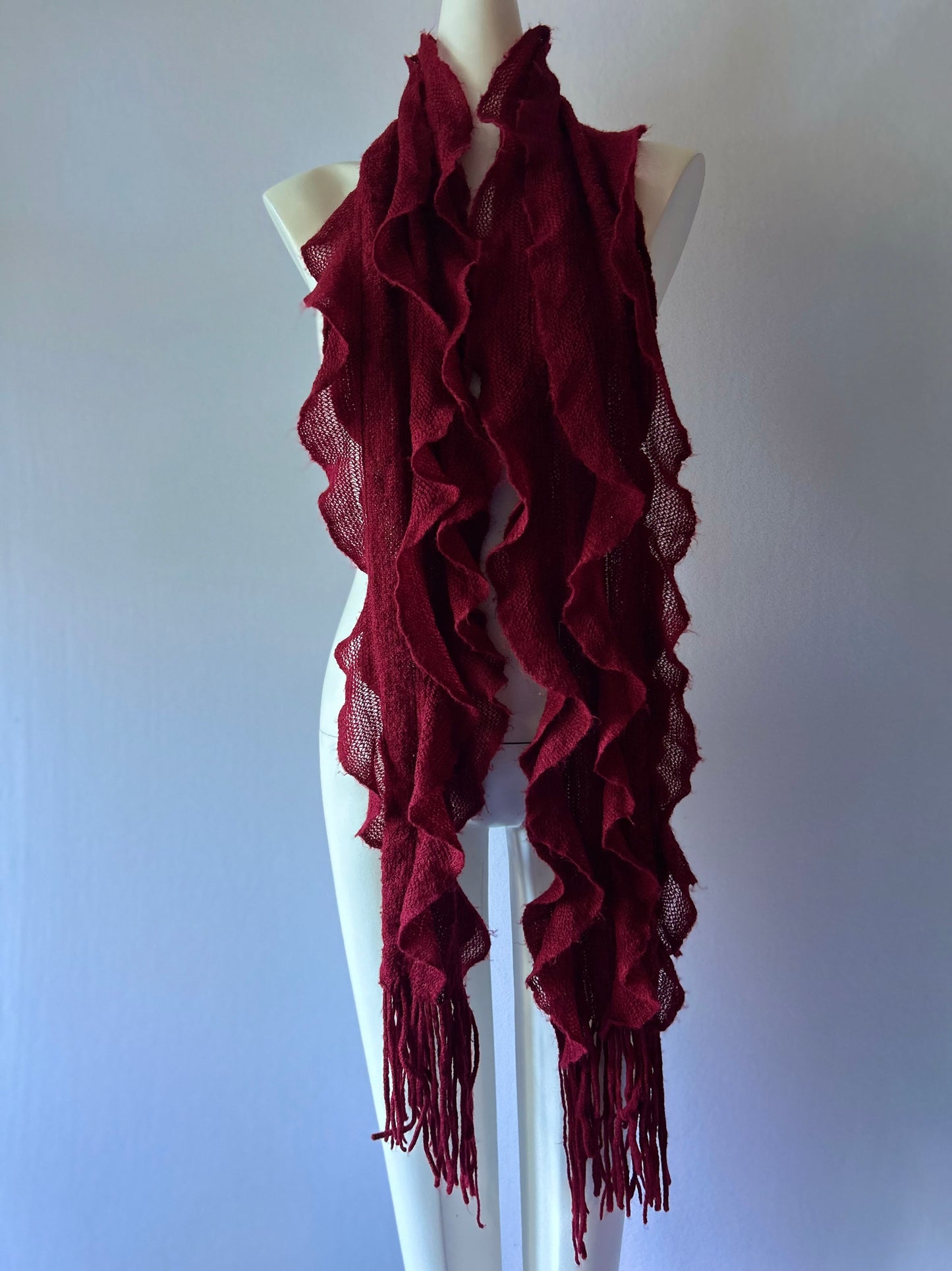 Romantic Lightweight Ruffled Edge Knit Scarf - Crimson Burgundy