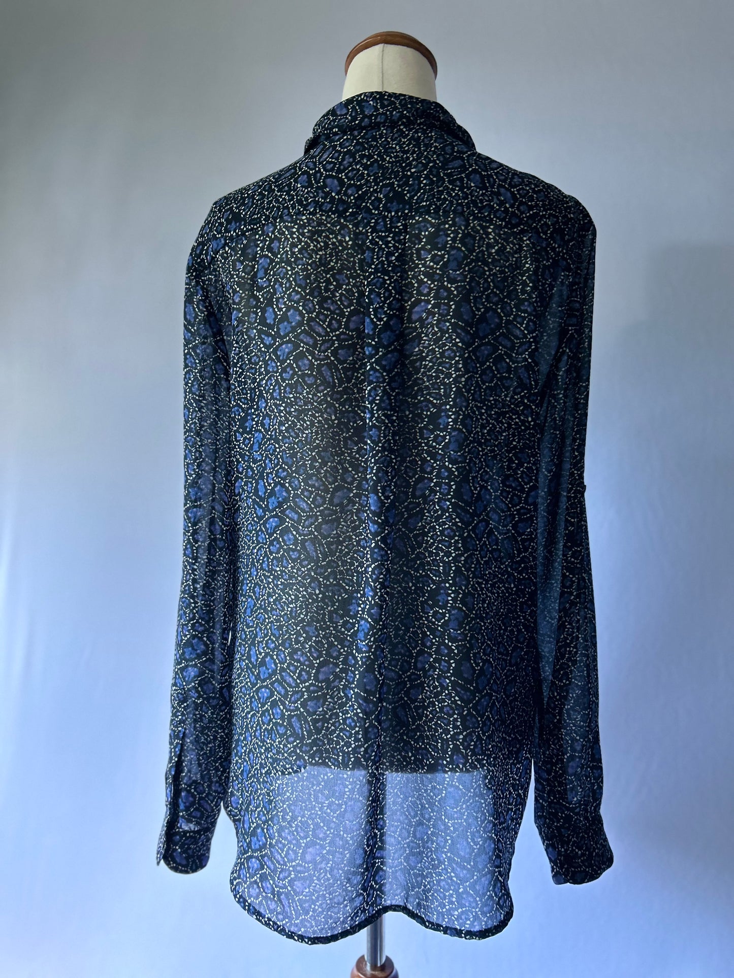 Sheer Printed Long Sleeve Blouse – Blue & Black – Size 10