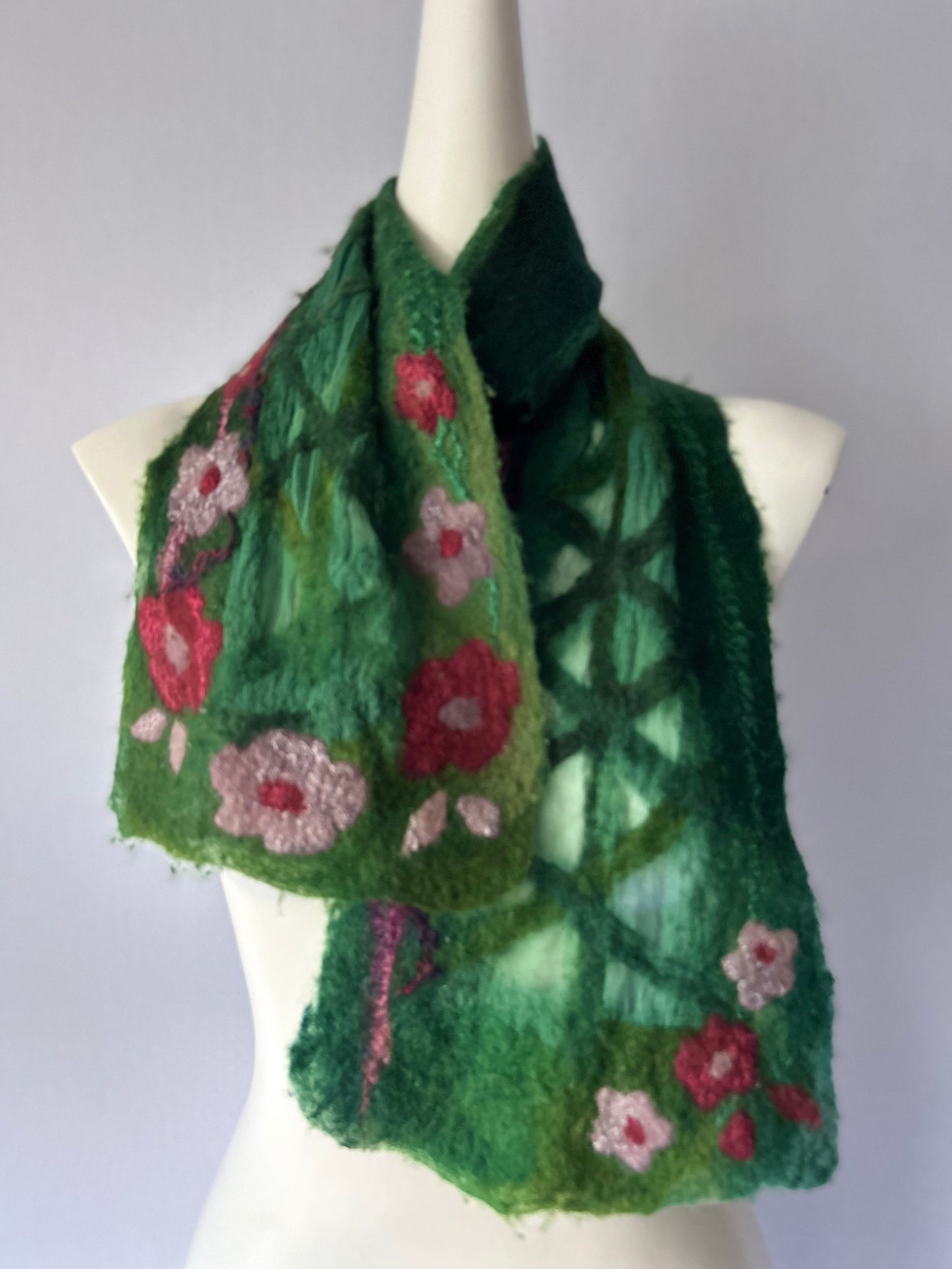 Artisan Hand-Felted Wool & Silk Floral Scarf - Forest Green - One Size