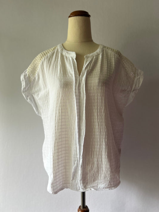 White Textured Boho Blouse with Lace Detail - Size M