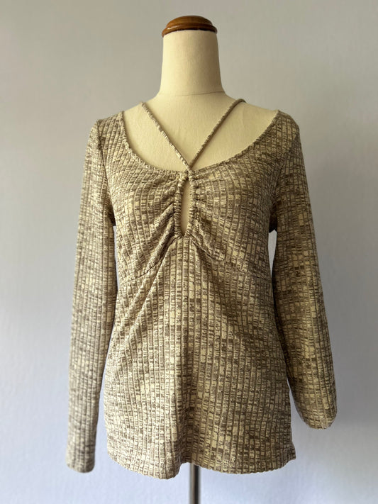 Textured Marle Cross-Neck Long Sleeve Top - Size M