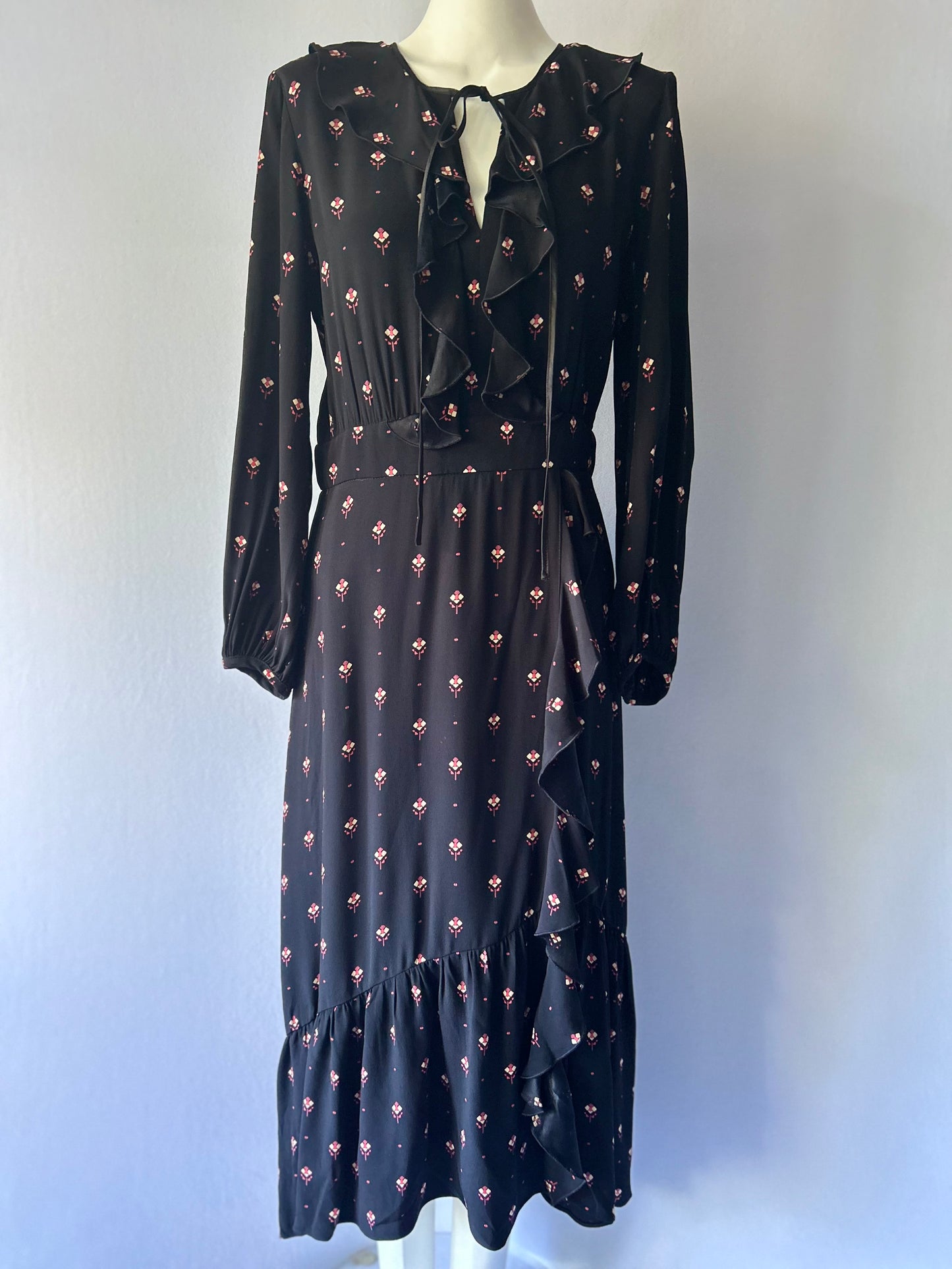 Cue Black Floral Ruffle Midi Dress - Size 10