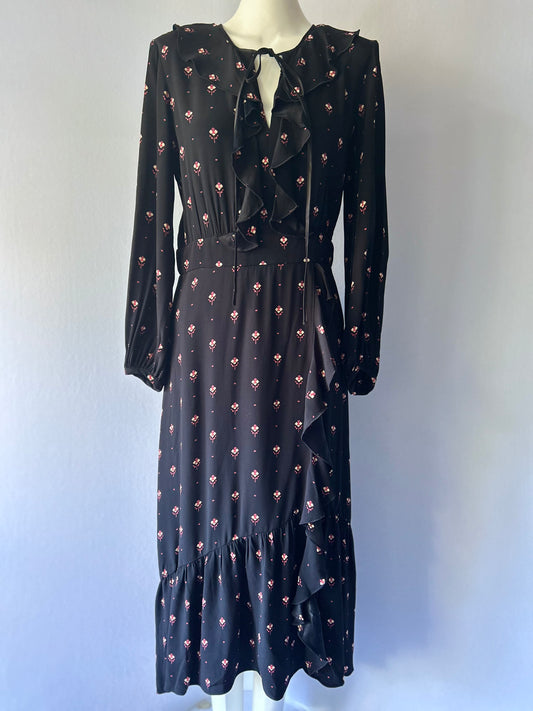 Cue Black Floral Ruffle Midi Dress - Size 10