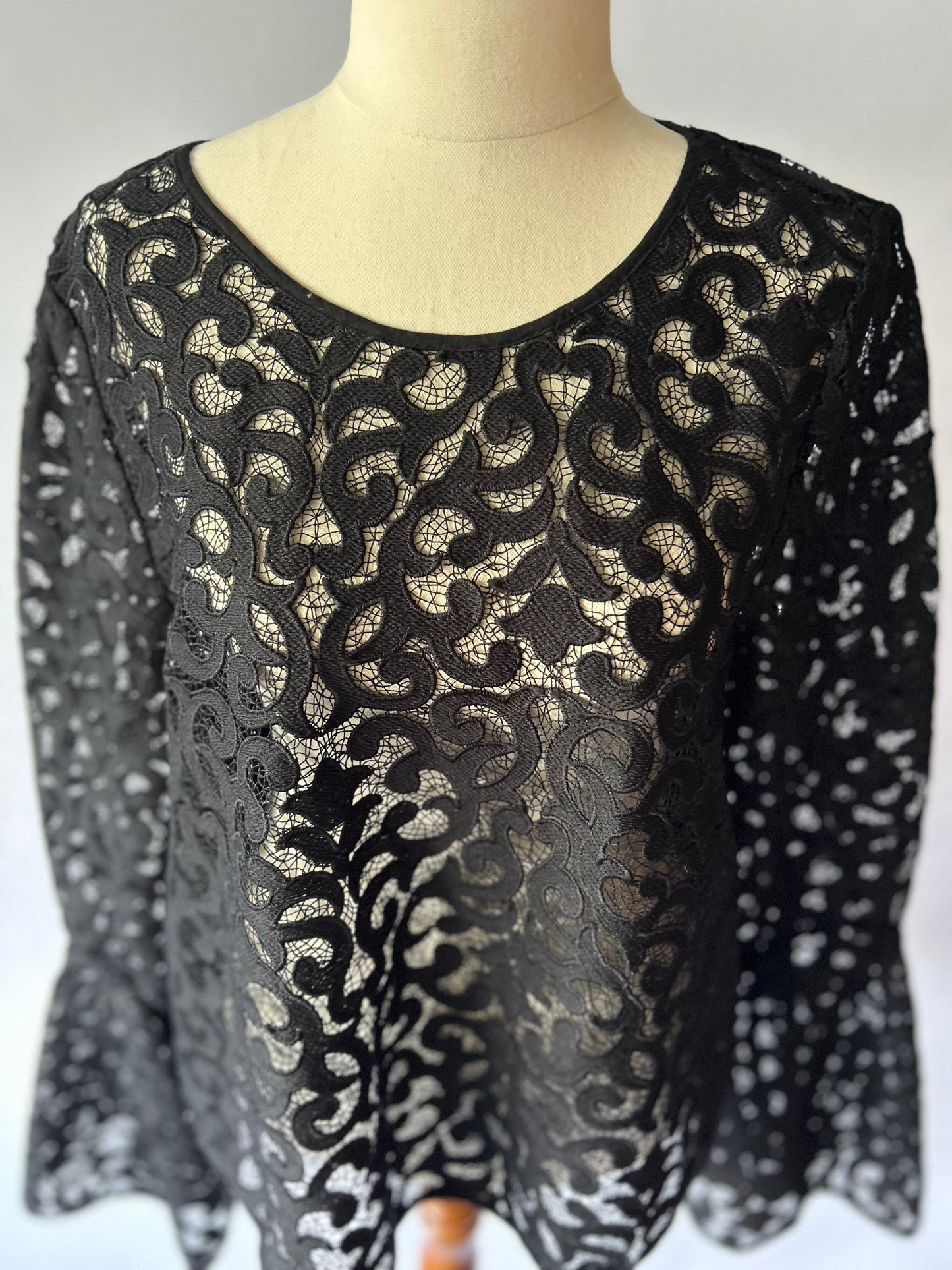 Country Road Guipure Lace Bell-Sleeve Blouse - Black - Size 12