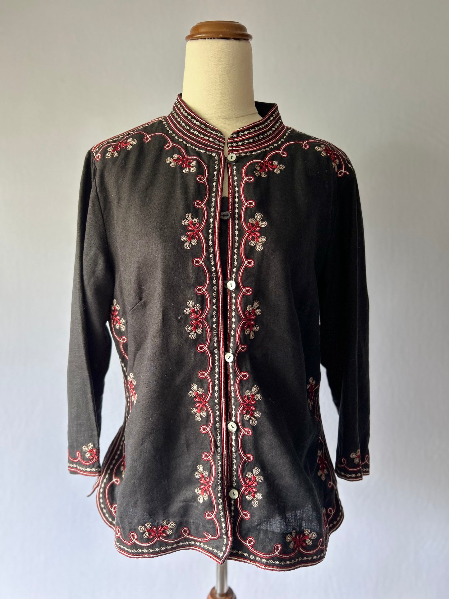 Vintage Black Cotton Embroidered Blouse – Size L