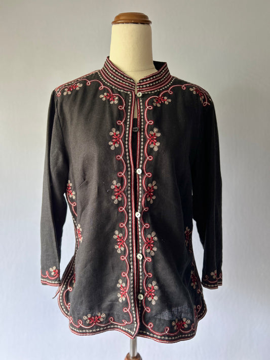 Vintage Black Cotton Embroidered Blouse – Size L