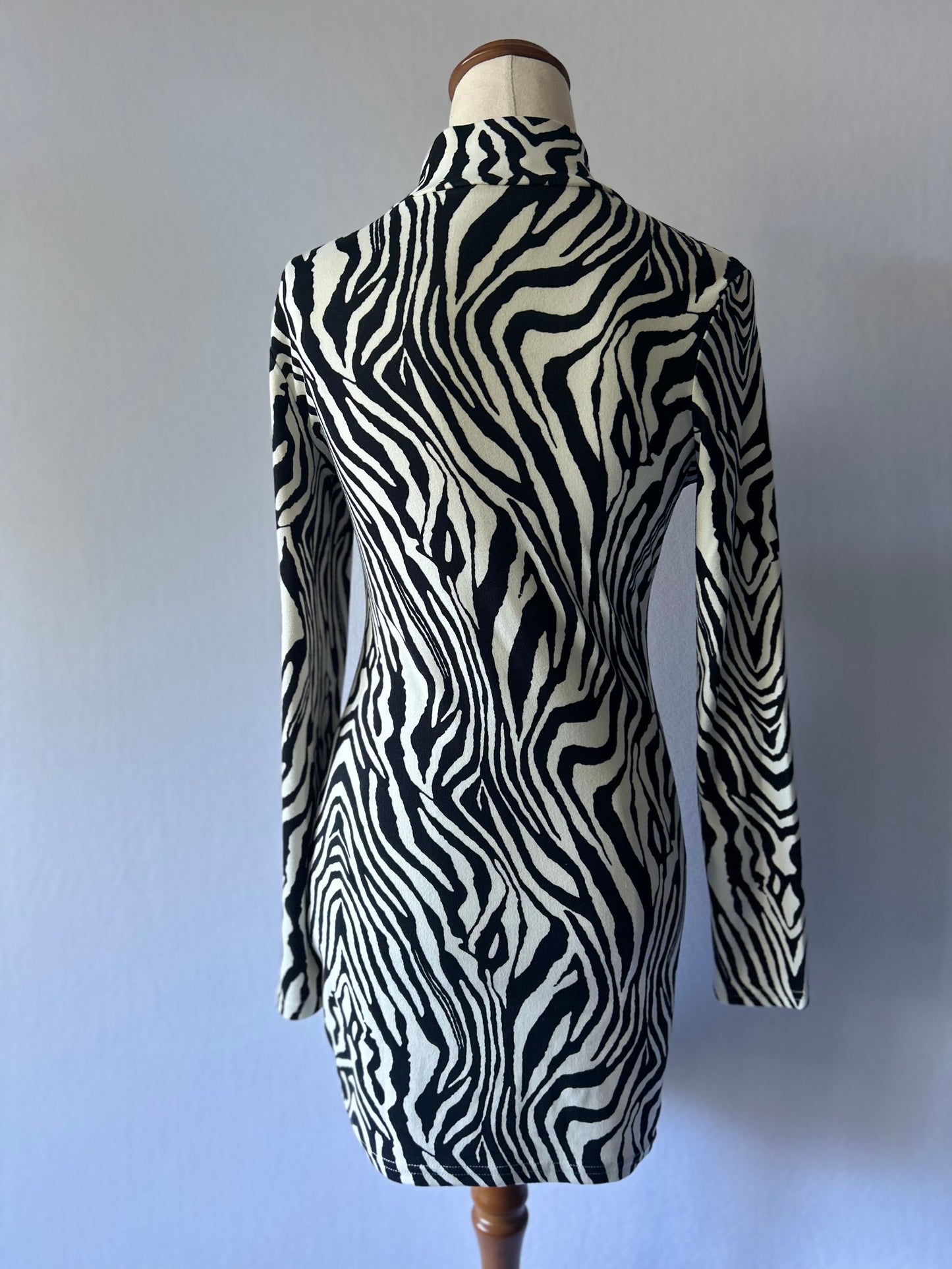 Monochrome Zebra Print Mock Neck Bodycon Mini Dress - Size M