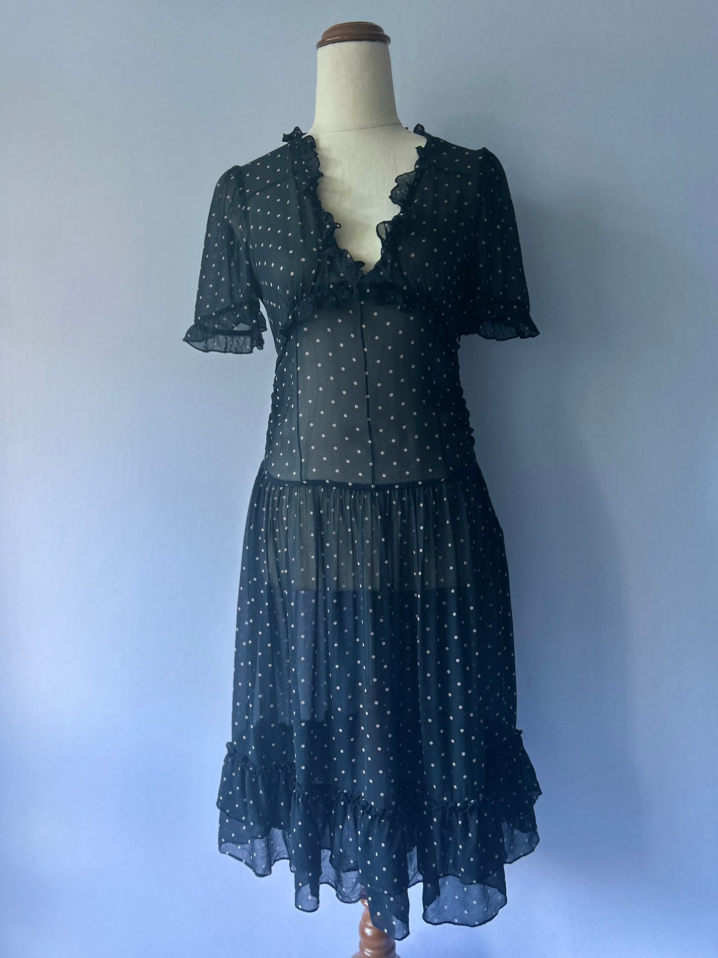 Alannah Hill 100% Silk Polka Dot Ruffle Midi Dress - Size 8