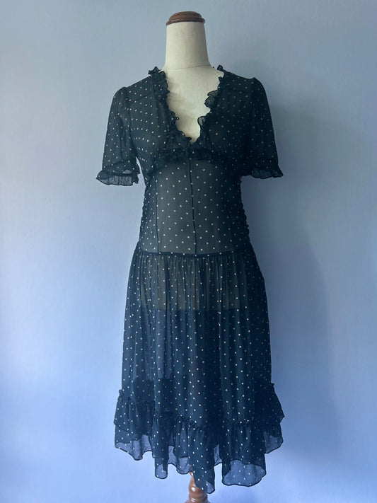 Alannah Hill 100% Silk Polka Dot Ruffle Midi Dress - Size 8