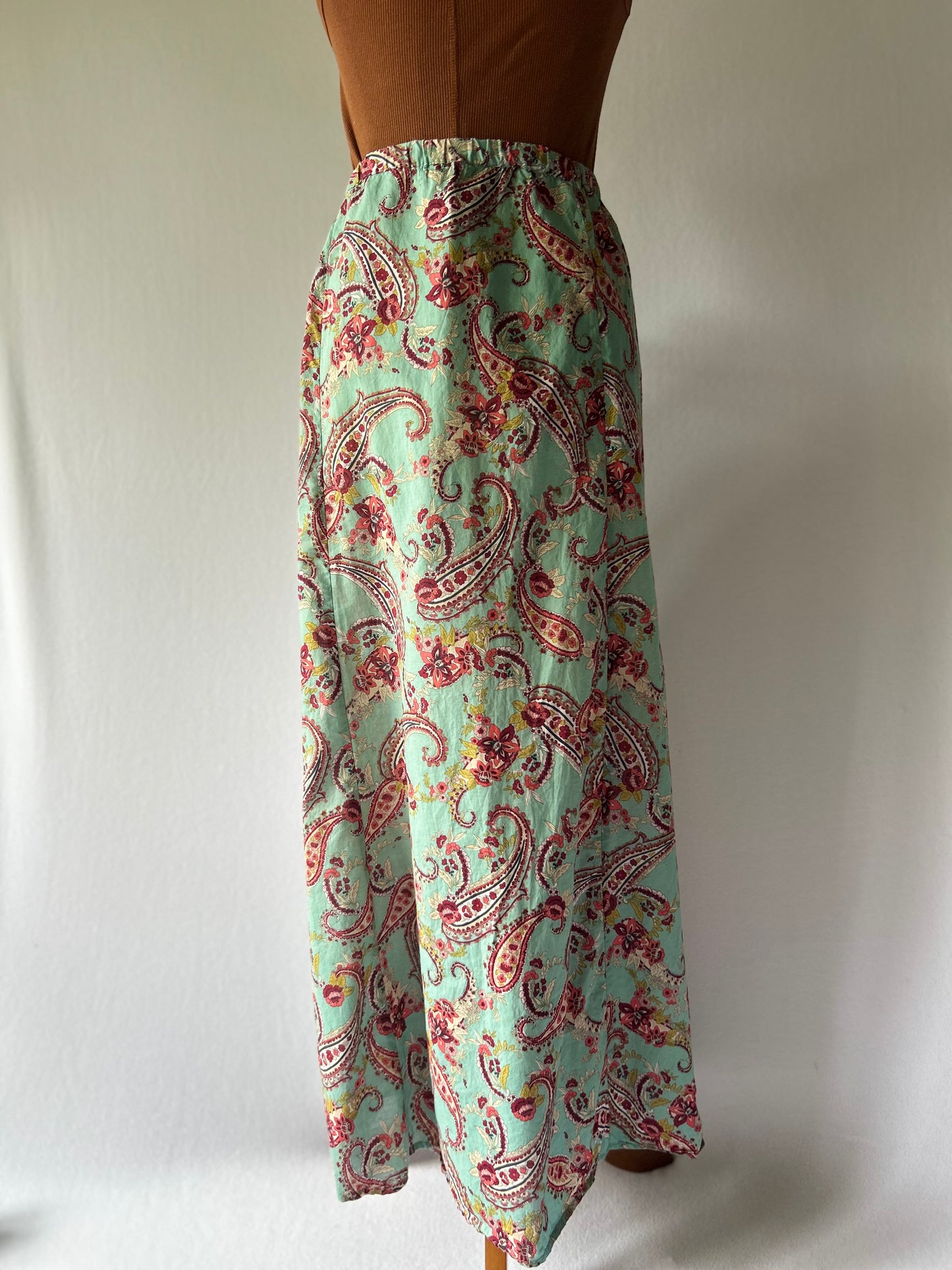 Mint Green Paisley Print Maxi Skirt - Elastic Waist