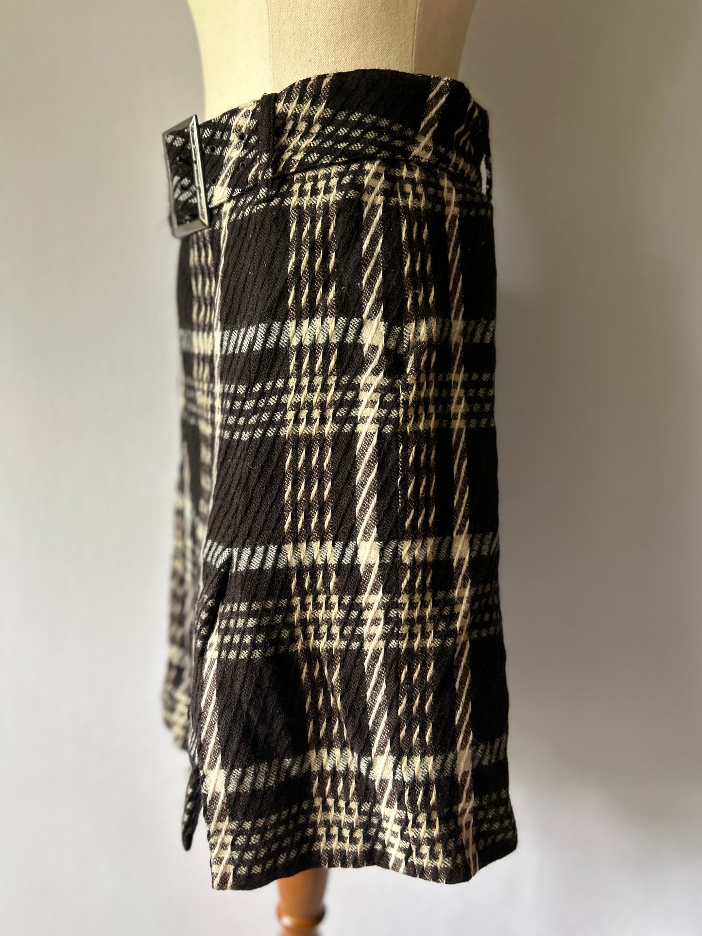 Textured Monochrome Check Belted Skirt – Size EUR 38 / US 4