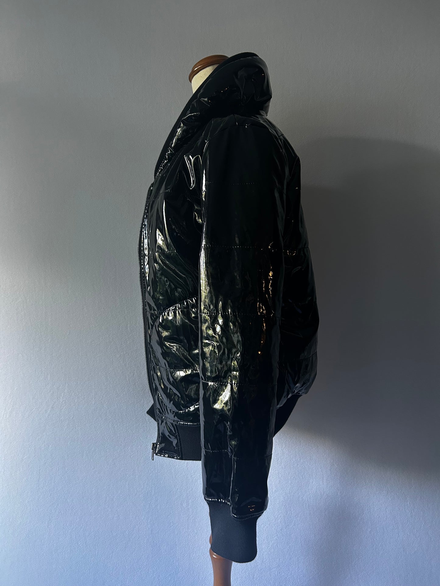 High-Shine Patent Leather-Look Puffer Bomber Jacket - Size M