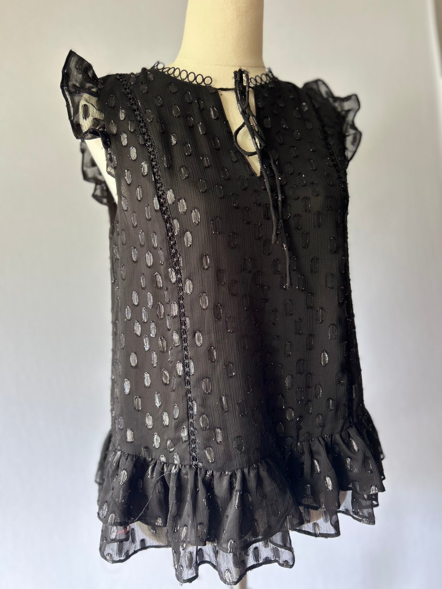 Black Chiffon Dot Blouse with Ruffles, XS