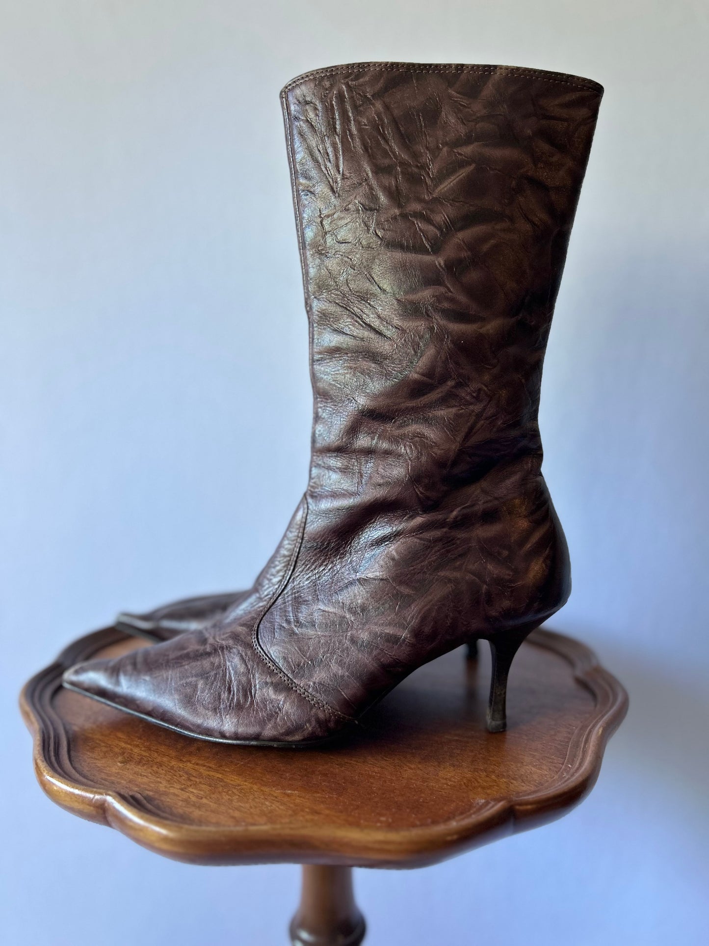 Chocolate Brown Crinkled Leather Pointed-Toe Boots - Size EUR 40
