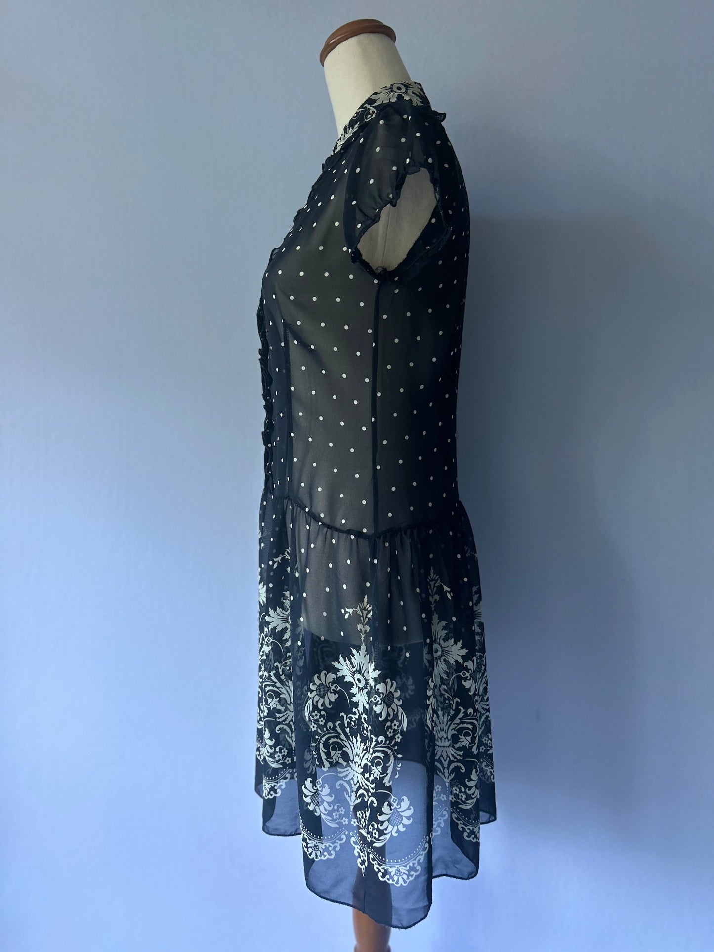 Polka Dot & Baroque Border Print Sheer Mini Dress - Size S