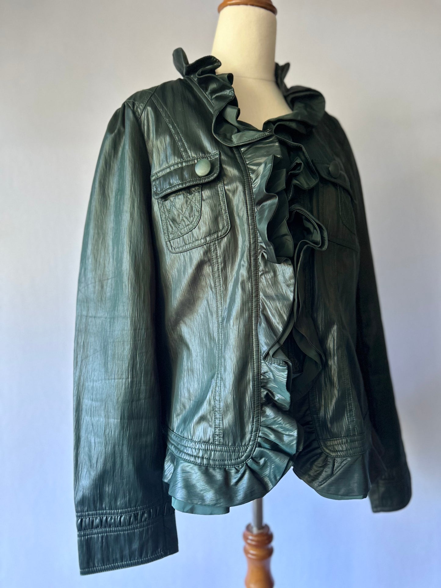 Deep Forest Green Ruffle-Front Faux Leather Jacket - Size 16
