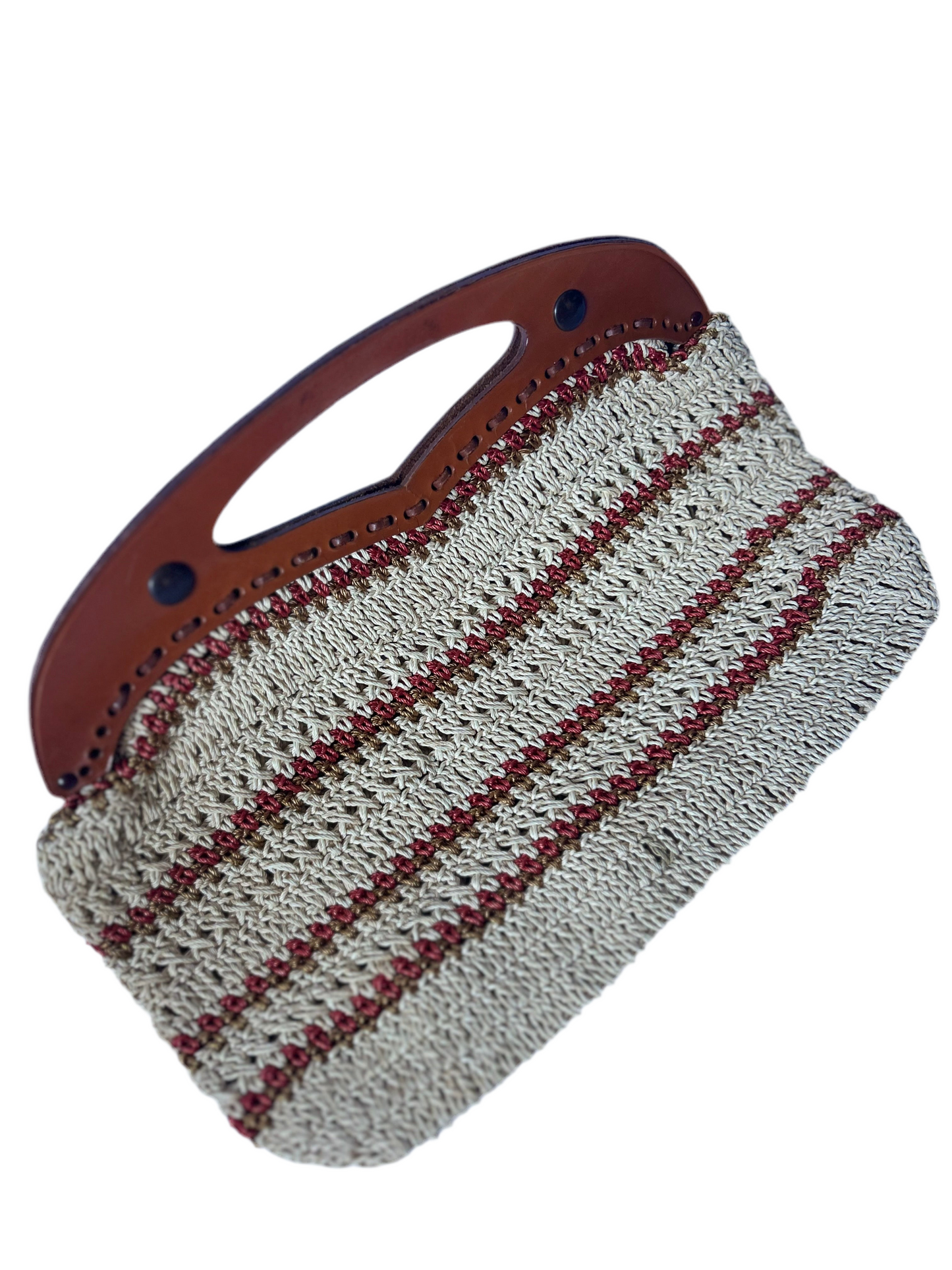 Beige Handbag with Matching Stripe and Leather Handle