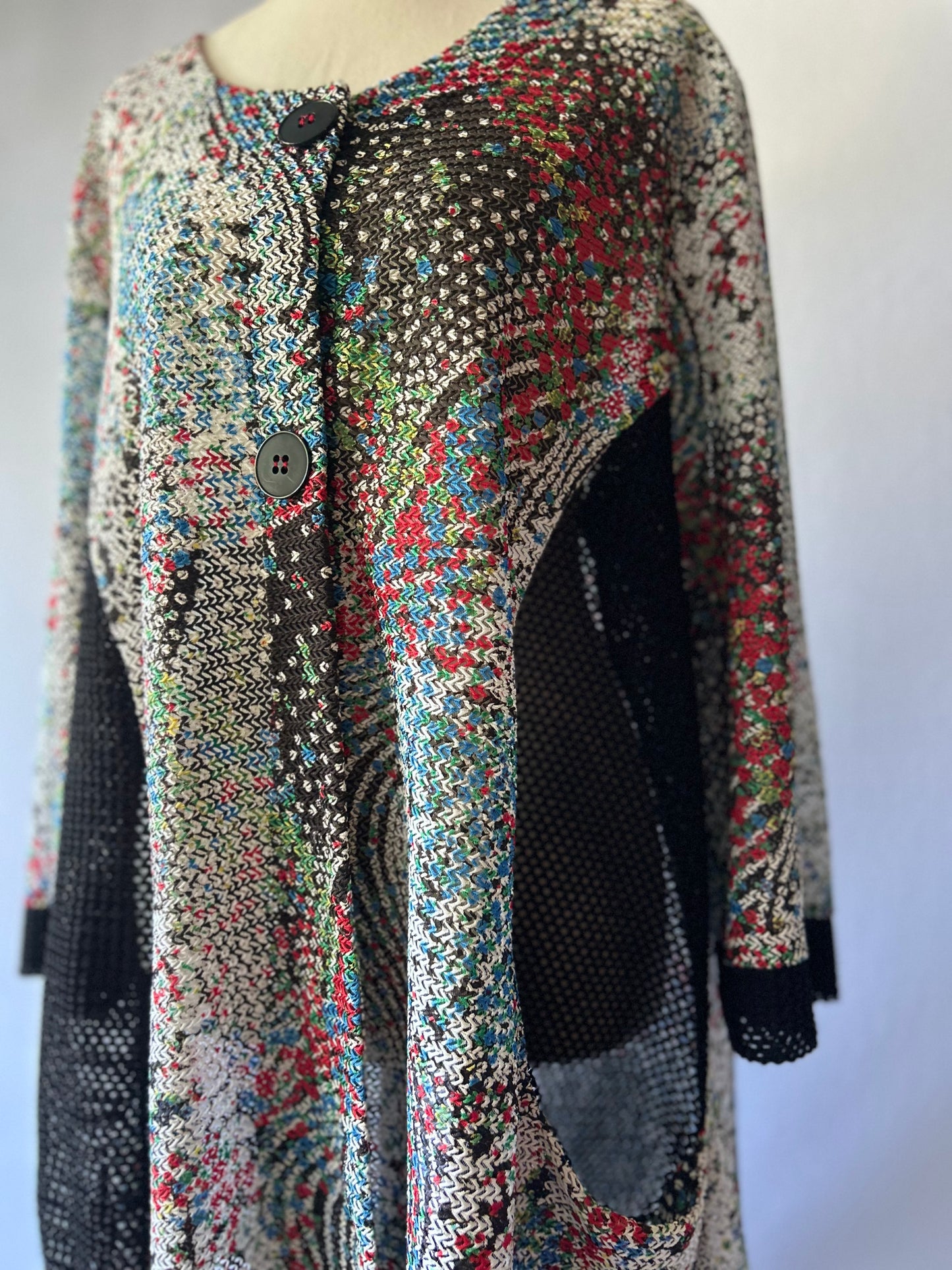 Joseph Ribkoff Abstract Multi-Color Knit Cardigan with Mesh Panels - Size 16