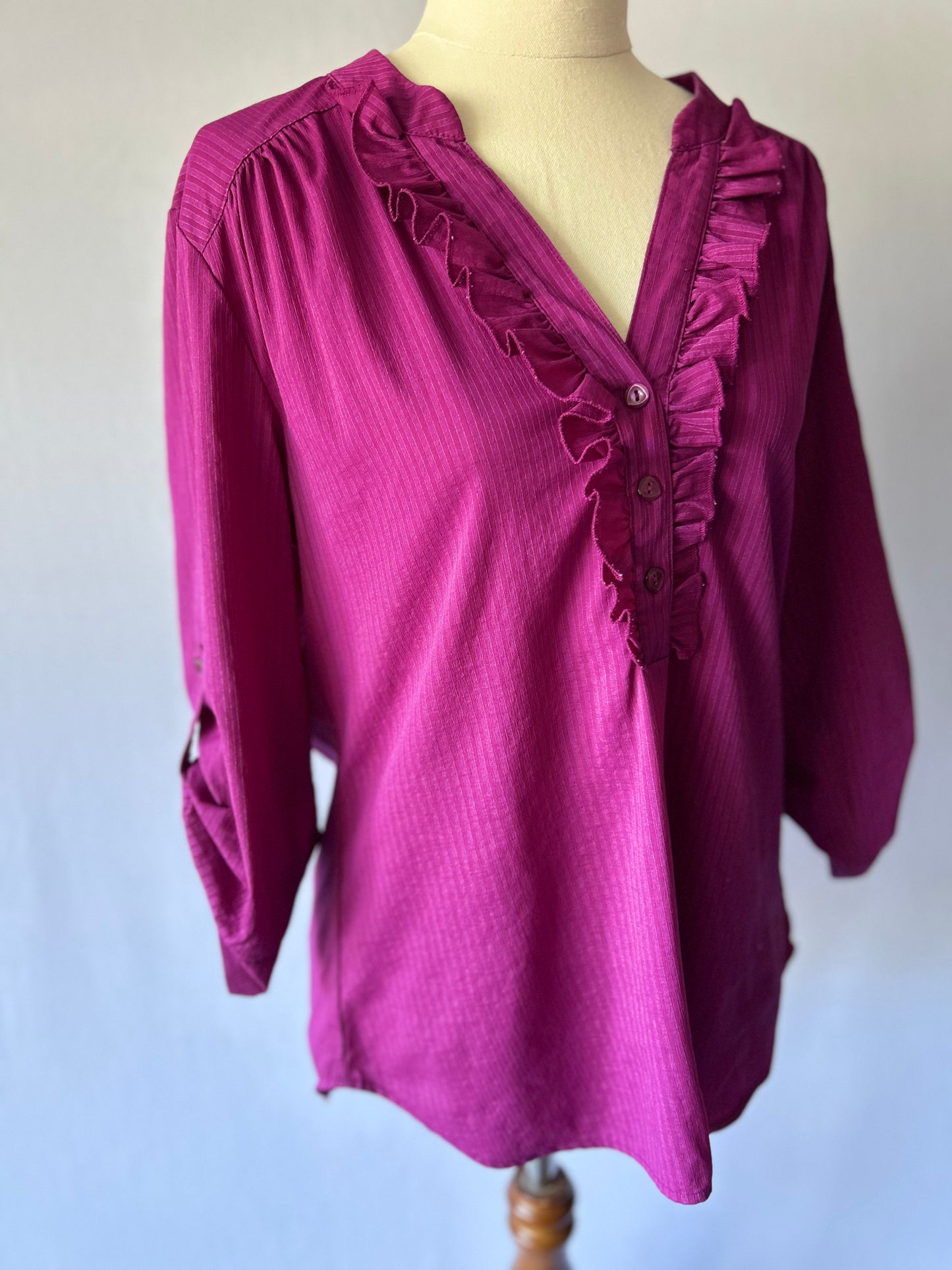 Ultra Violet Ruffle Blouse – Size 10 (Nylon Blend)
