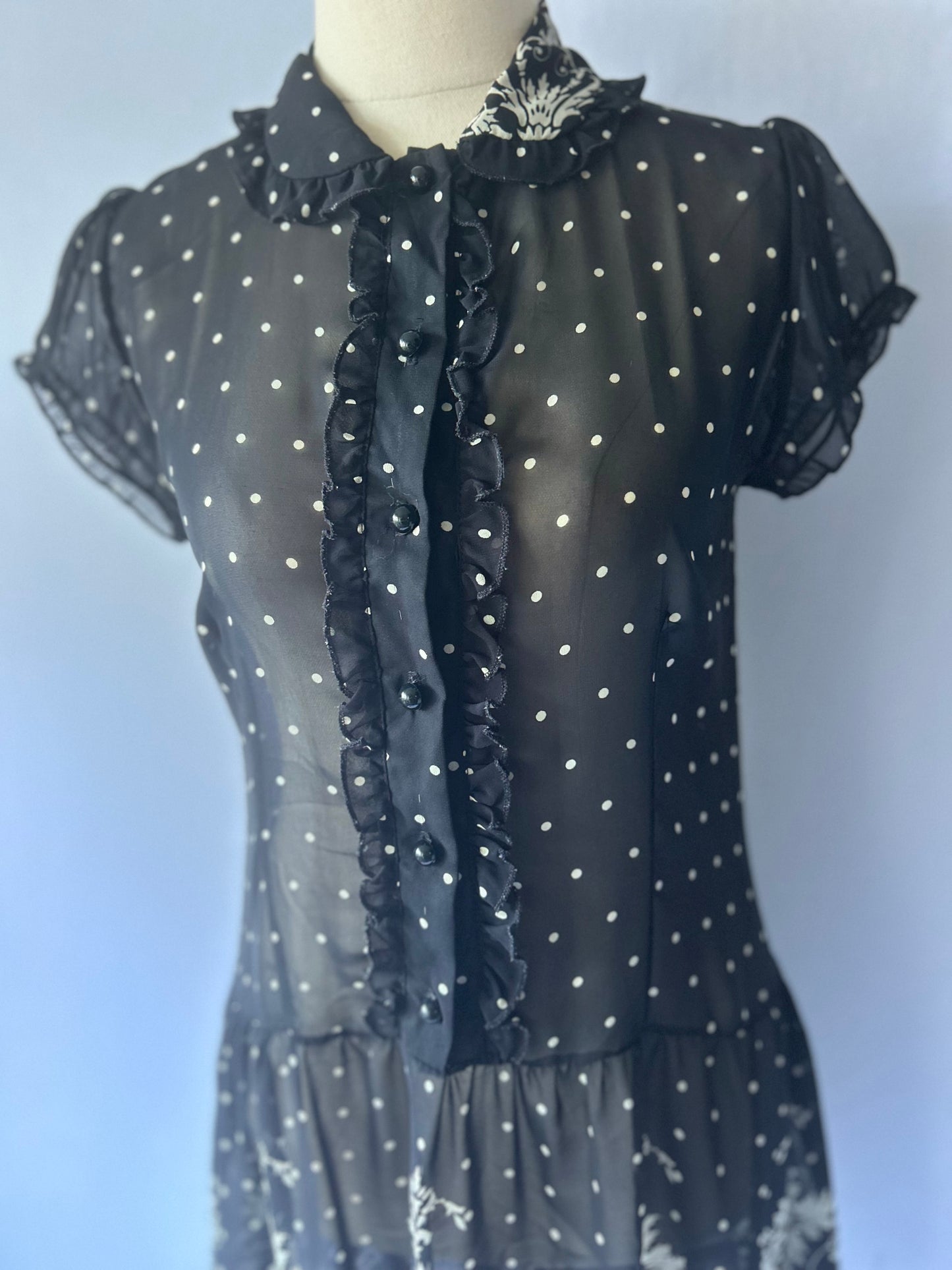 Polka Dot & Baroque Border Print Sheer Mini Dress - Size S