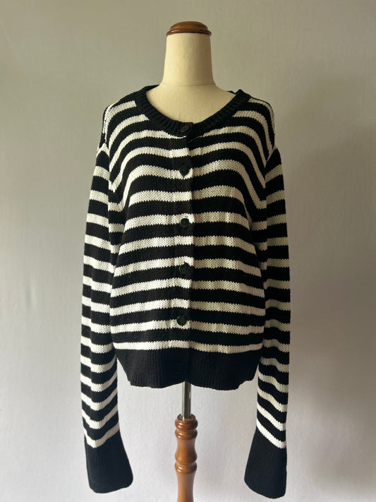 Black & White Striped 100% Cotton Knit Cardigan - Size XL