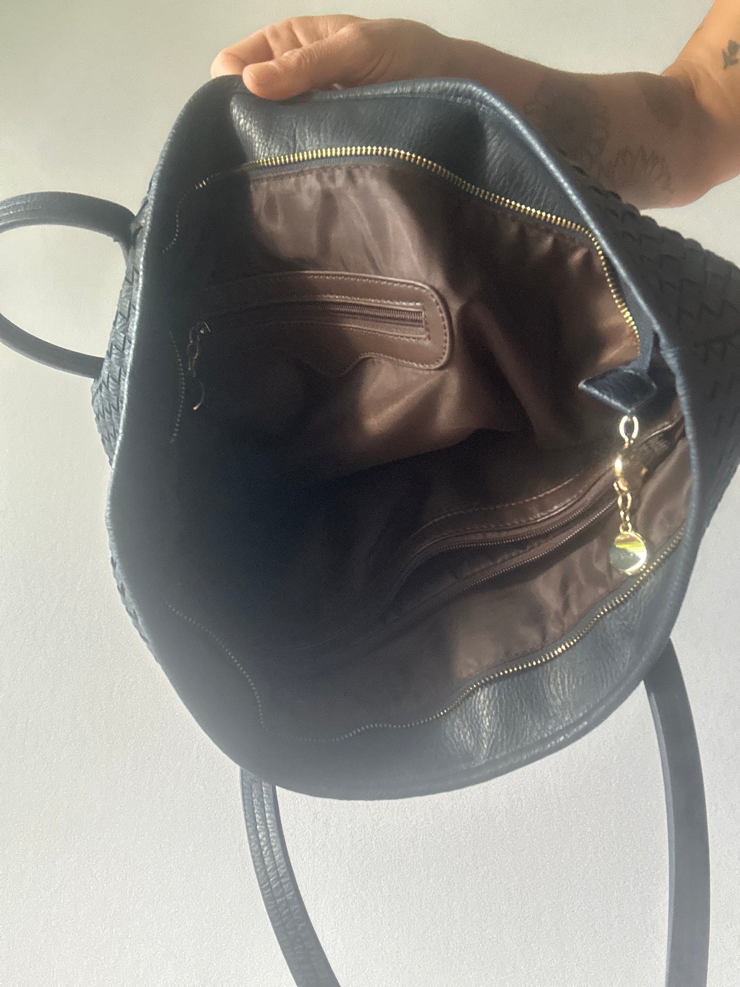 Navy Woven Faux Leather Large Tote Bag - Size Large