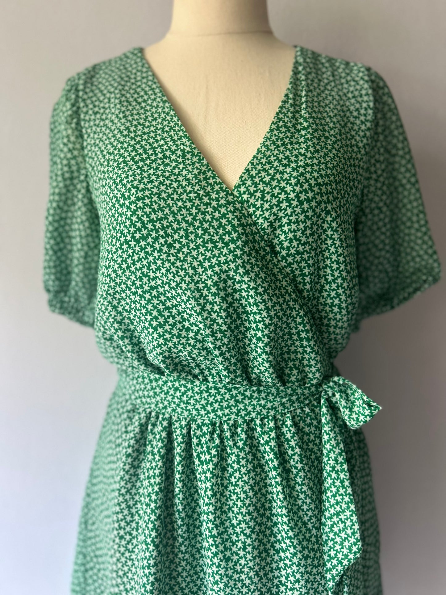 Kookai Green & White Star Print Wrap Mini Dress - Size 38 (NZ 10)