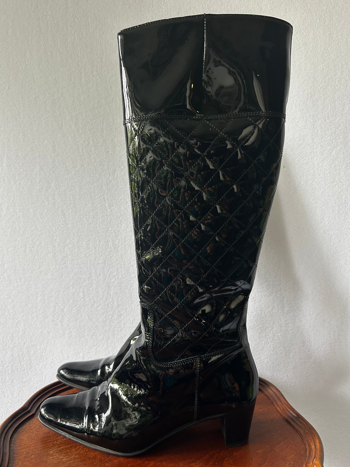 Italian-Made Quilted Patent Vinyl Knee-High Boots - Size 36