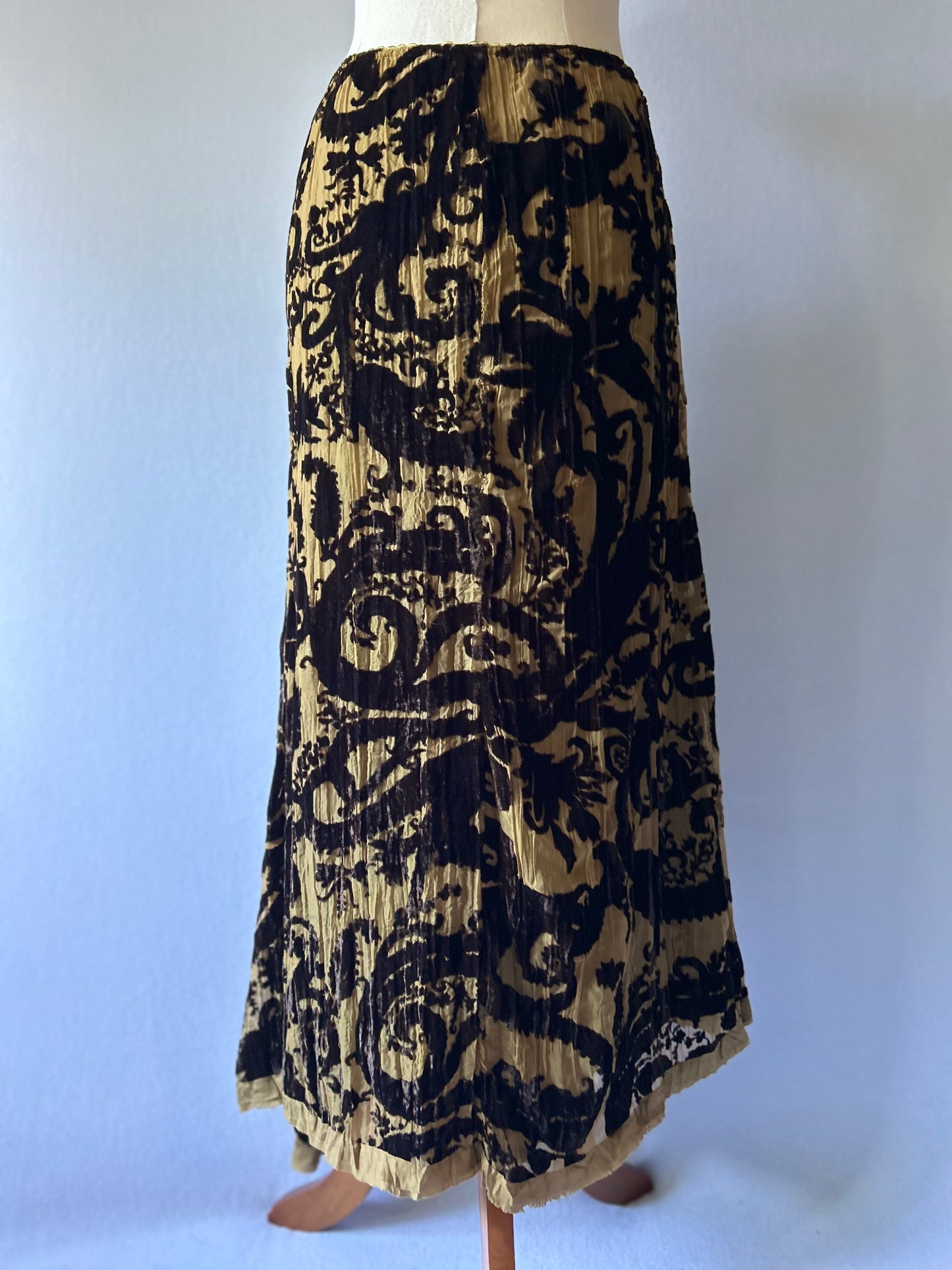 Verge Printed Plissé Maxi Skirt - Size 10 | Silk Trim & Velvet Devoré Detail