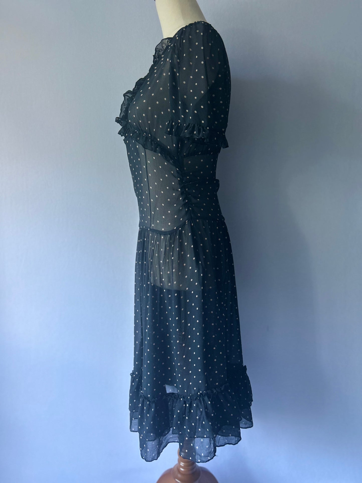 Alannah Hill 100% Silk Polka Dot Ruffle Midi Dress - Size 8