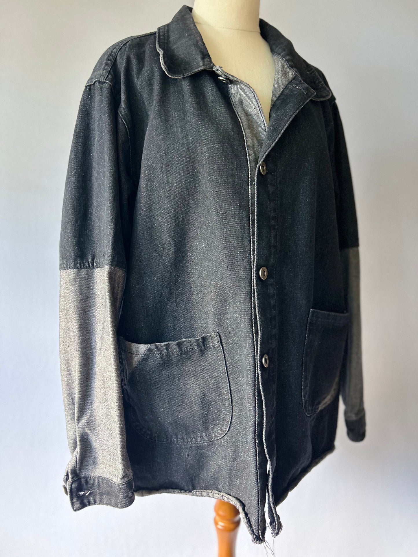 Two-Tone Panelled Denim Utility Overshirt - Black & Grey - Size XL
