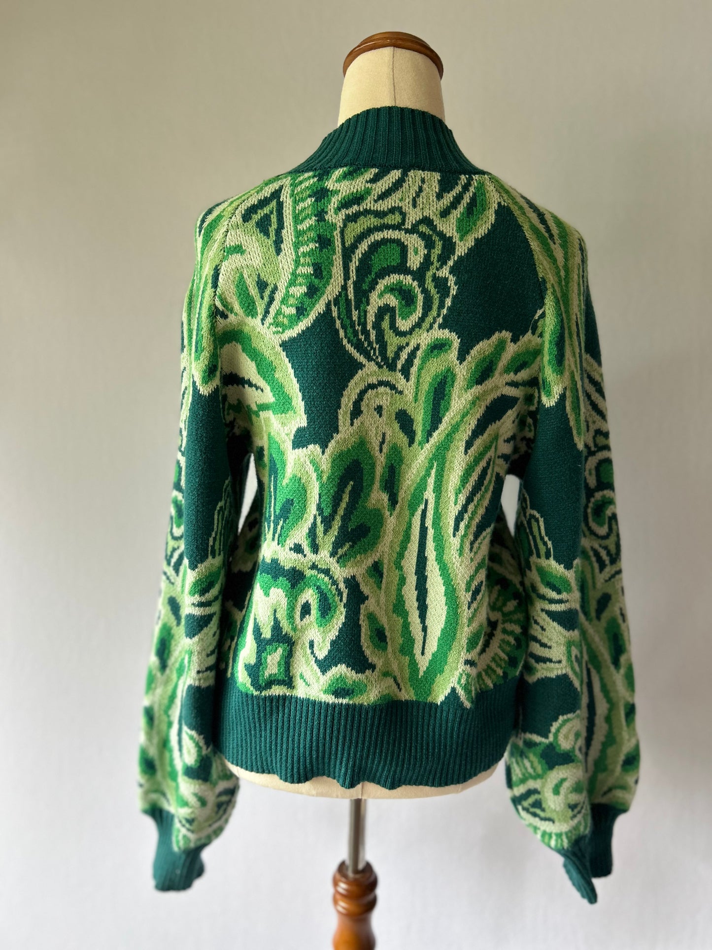 Retro Paisley Jacquard Knit Sweater in Forest Green - Size M