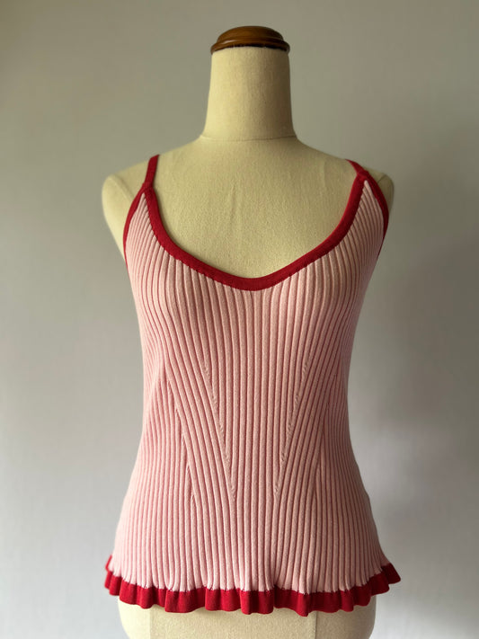 Ruby Pink Ribbed Knit Cami Tank Top with Red Contrast Trim - Size 12