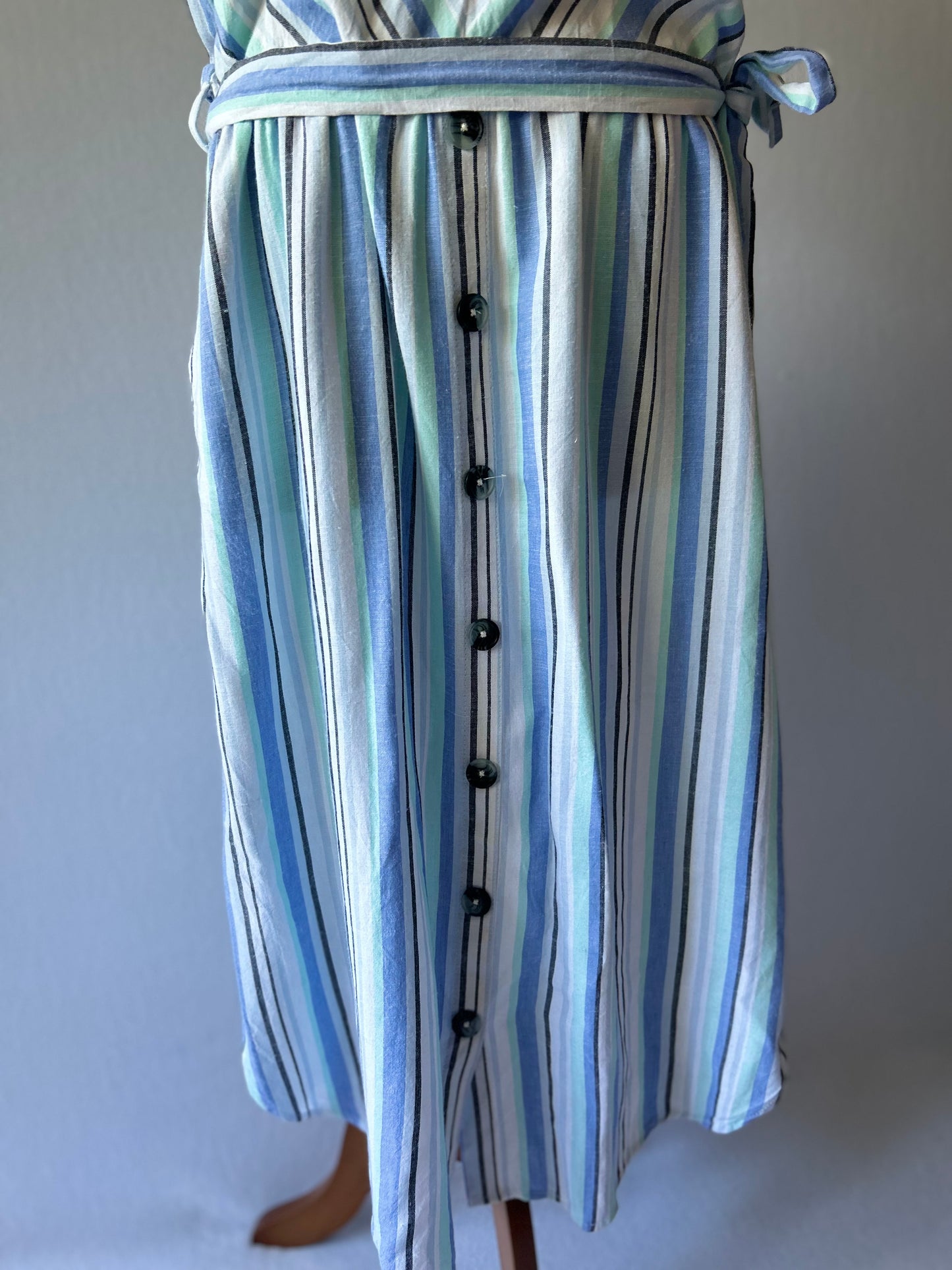 Size 16 | Linen Blend Striped Maxi Dress | Blue Green V-Neck Summer Dress