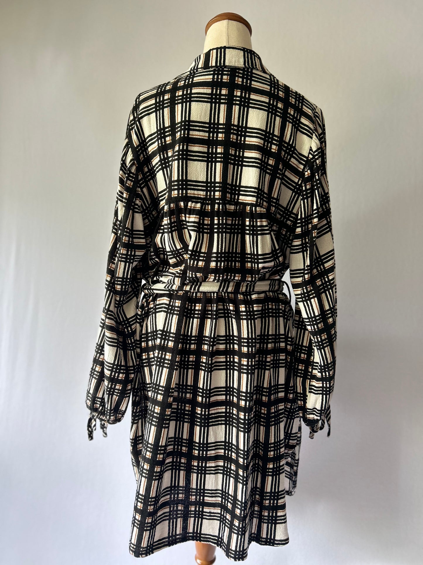 Beige & Black Plaid Cotton Shirt Dress with Belt – Size S