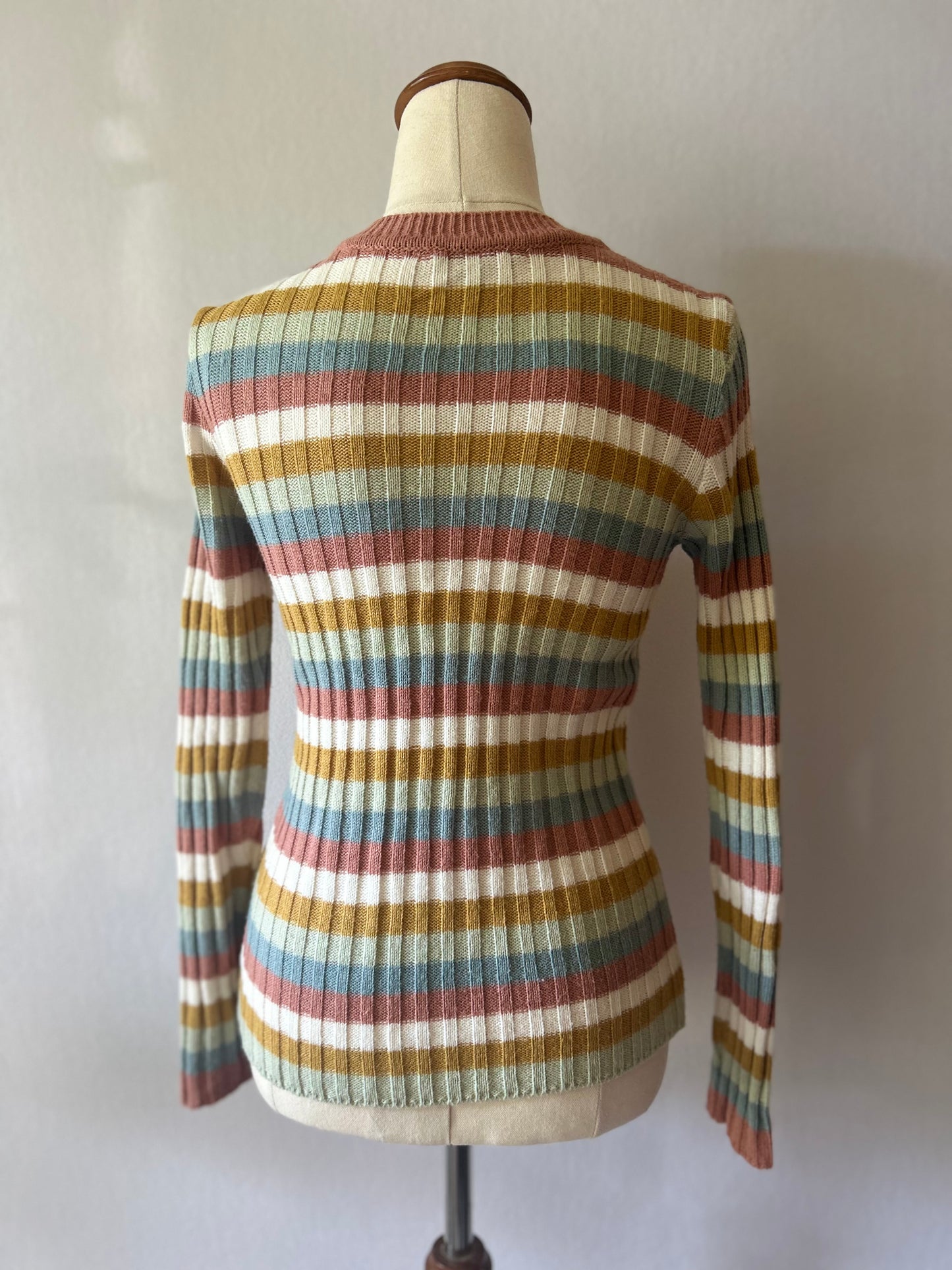 Retro Multi-Striped Ribbed Crewneck Knit Jumper - Size 12