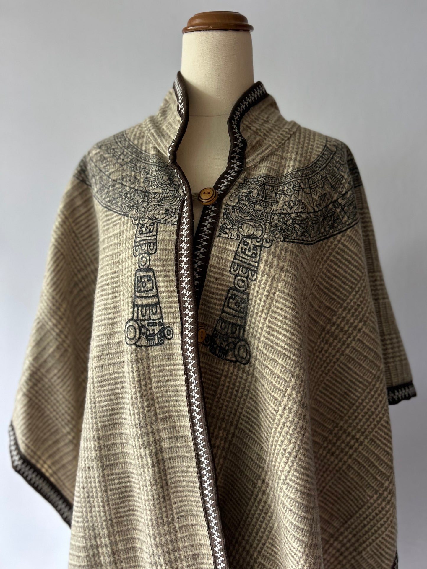 Folk-Art Heritage Knit Cape Poncho - Earthy Oatmeal & Brown - One Size