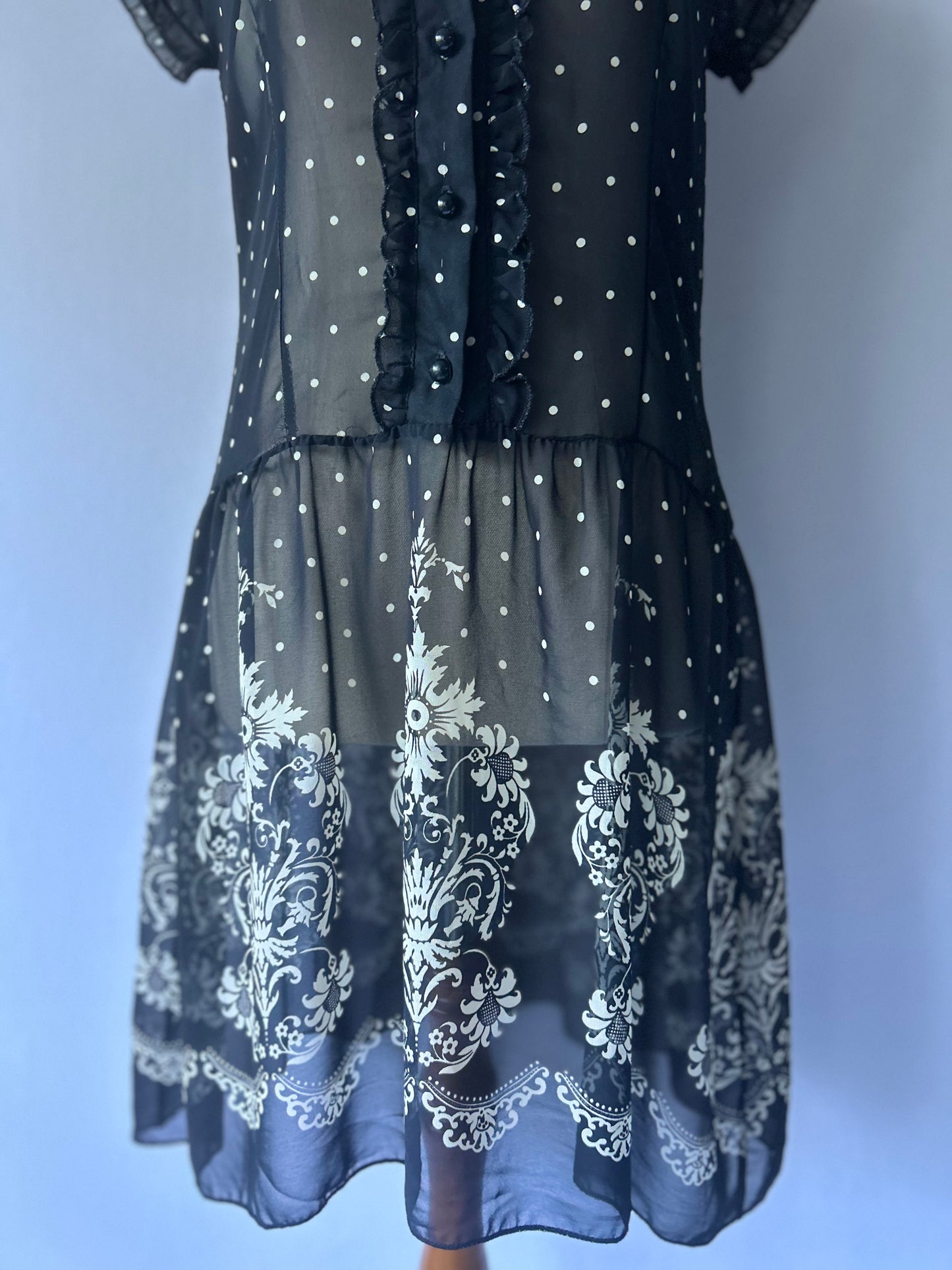 Polka Dot & Baroque Border Print Sheer Mini Dress - Size S