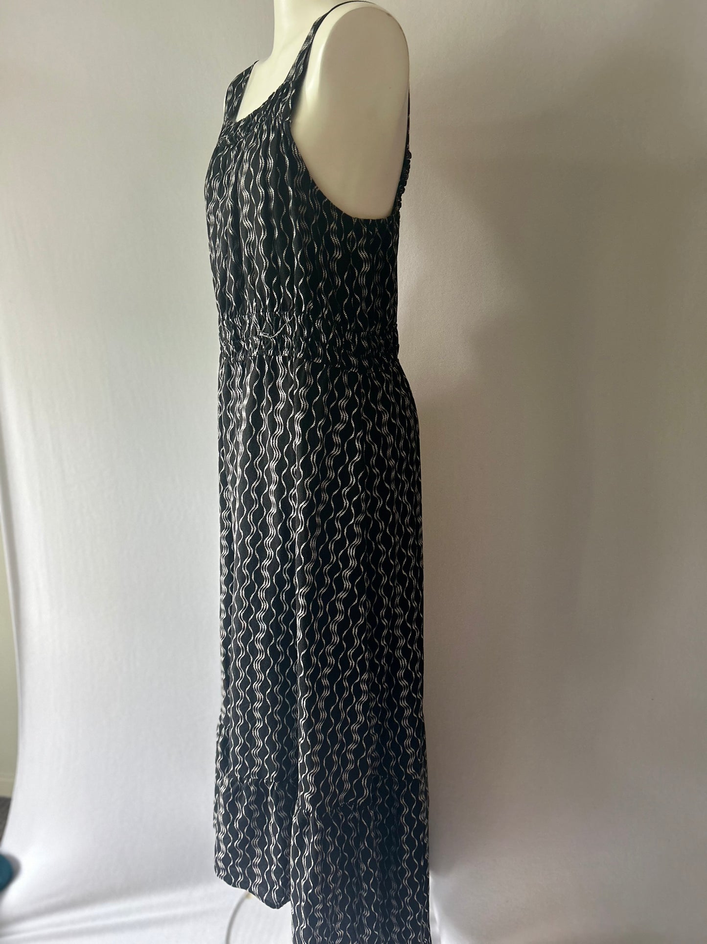 Monochrome Wave Print Viscose-Linen Maxi Dress - Size 14
